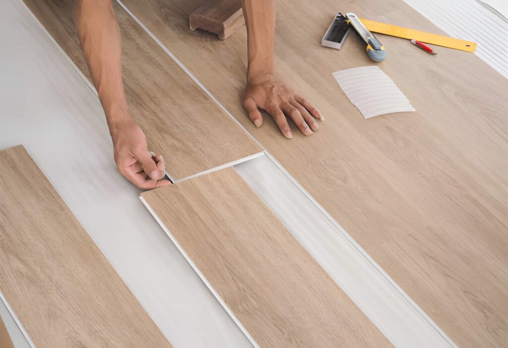 A technician is cutting luxury vinyl floor tiles with a cutter to lay the floor before placing it on the leveling foam.
