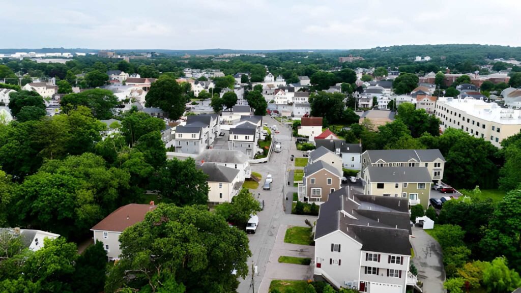 Aerial drone photo above Quincy, Massachusetts, showing the houses and real estate. Quincy is a town outside of Boston major US city.