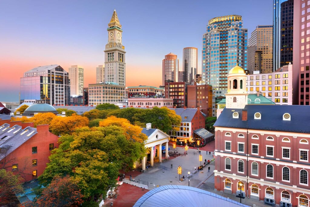 Boston city skyline at golden hour