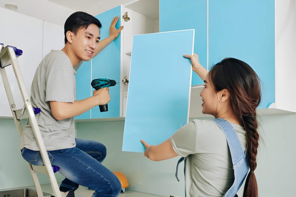 Cheerful young Asian woman giving blue door to her husband assembling kitchen cupboard