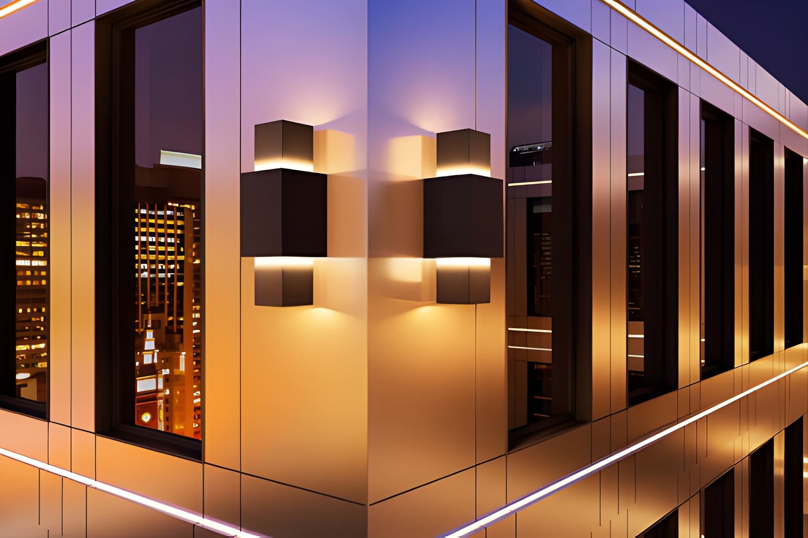 Contemporary building facade with glowing wall lights and large glass windows, modern graphic style, night city background, urban architecture concept. 3D Rendering