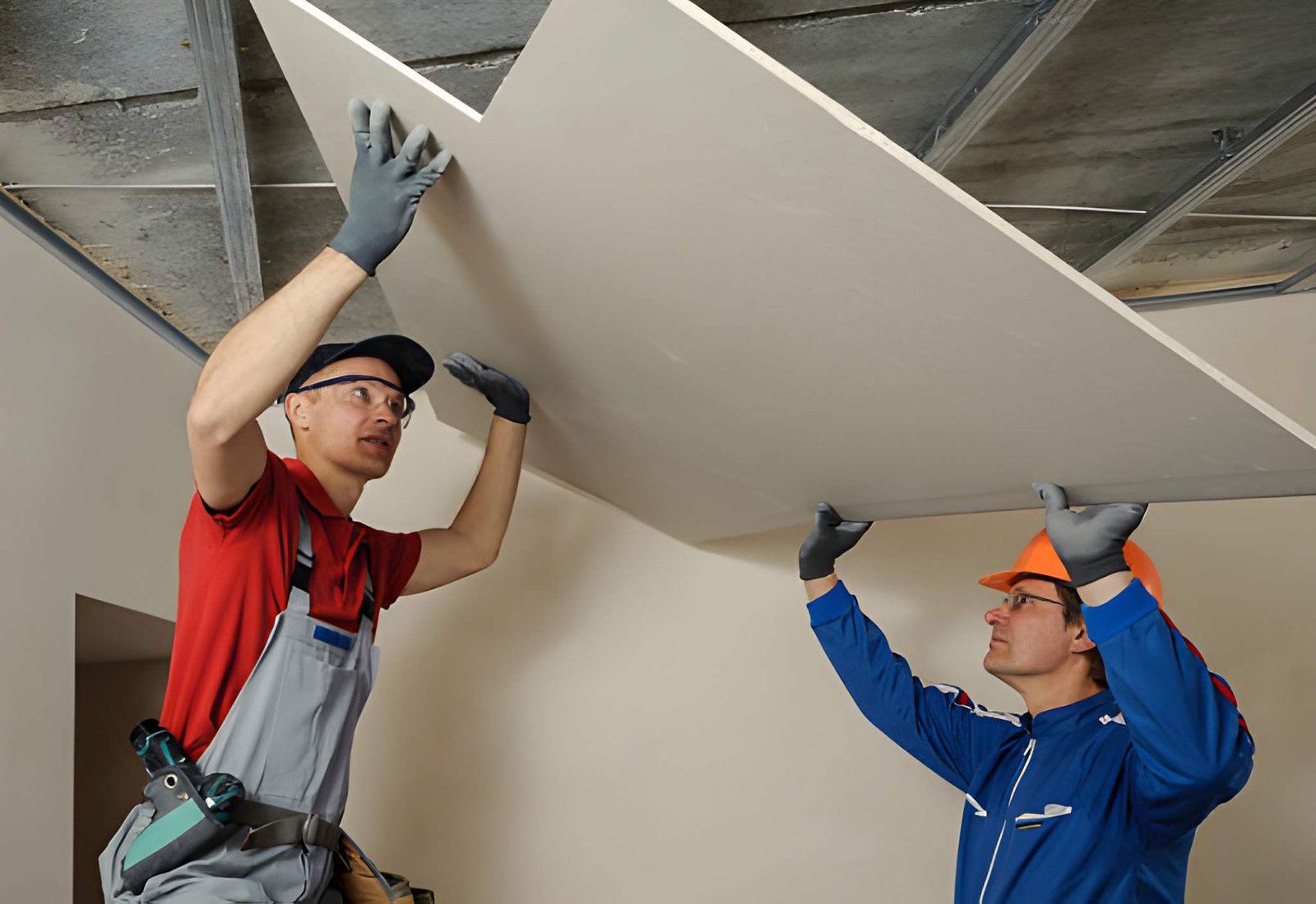 Drywall Installers. Men holding a gypsum board figured cut