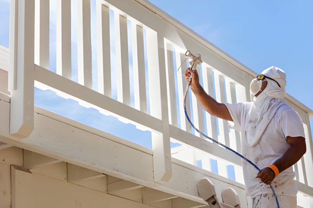 House Painter Wearing Facial Protection Spray Painting A Deck of A Home.