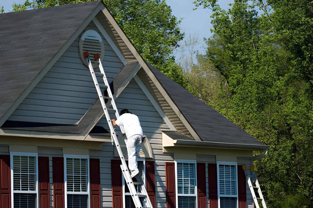 Painter climbing an extension ladder on a two story suburban home.