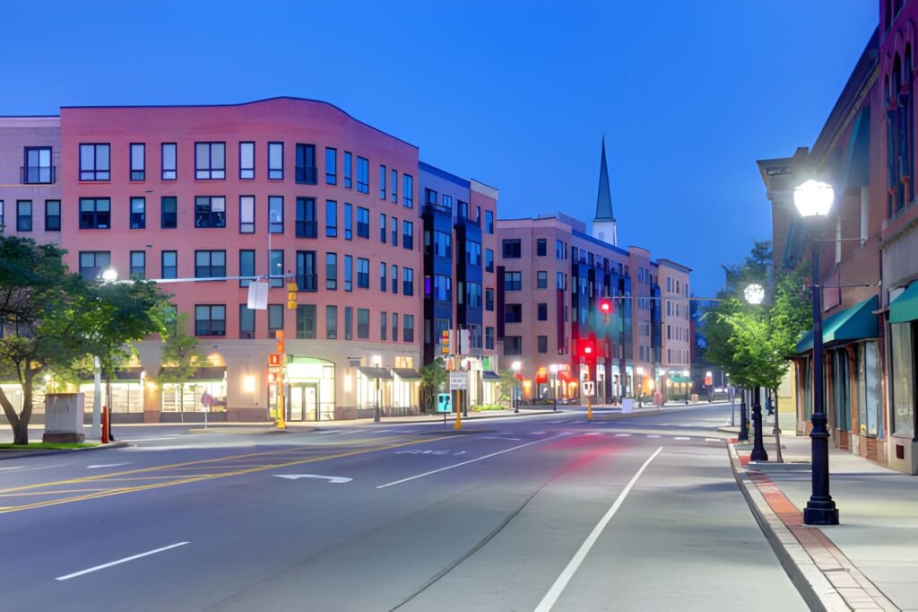 Modern city street corner illuminated at twilight.