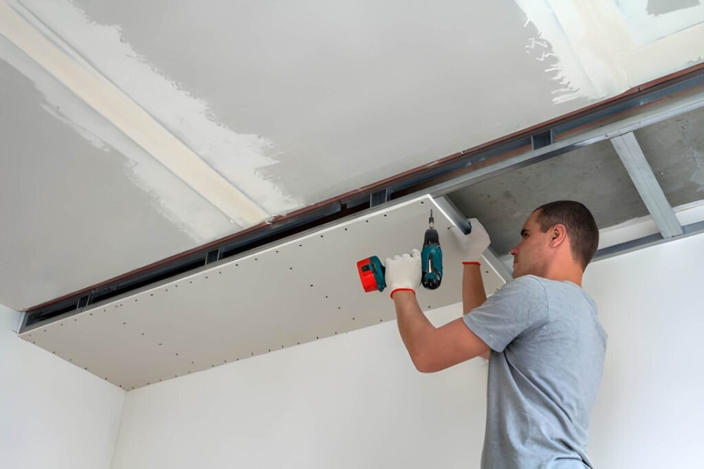 Young man in usual clothing and work gloves fixing drywall suspended ceiling