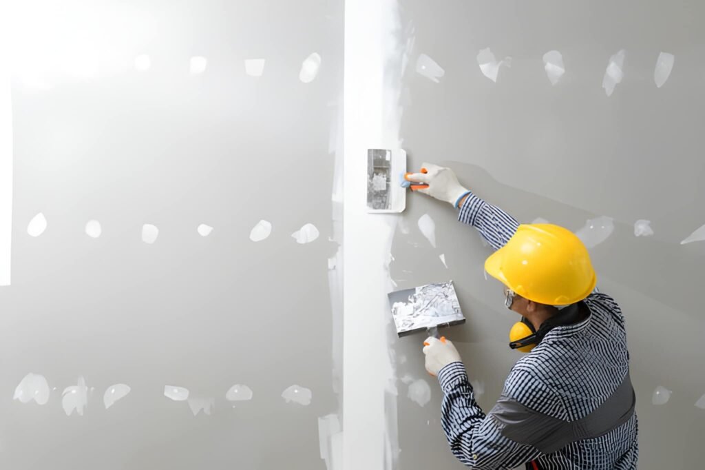 interior decoration construction furniture builtin.Plasterer in working uniform plastering the wall indoors.