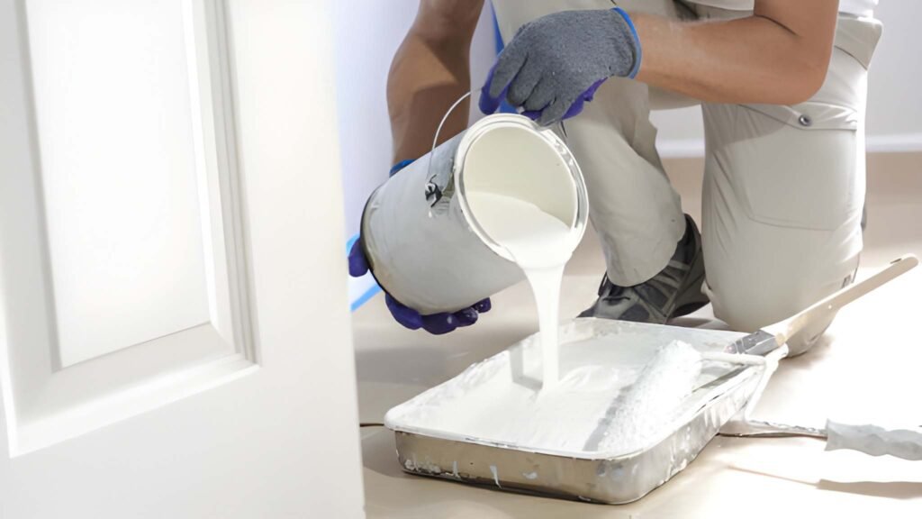 Person pouring white paint into a tray.