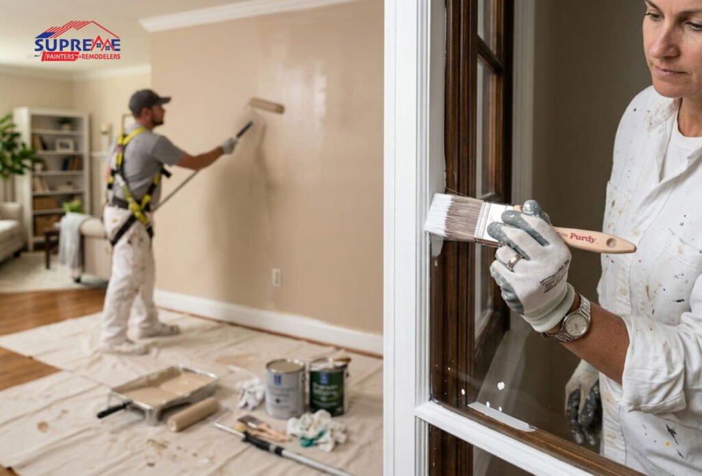 Professional painters remodeling a home interior.
