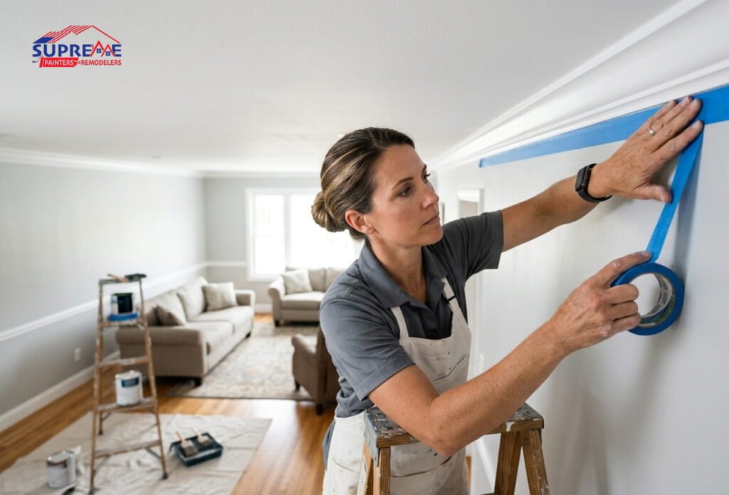 Painter applying blue tape to trim.