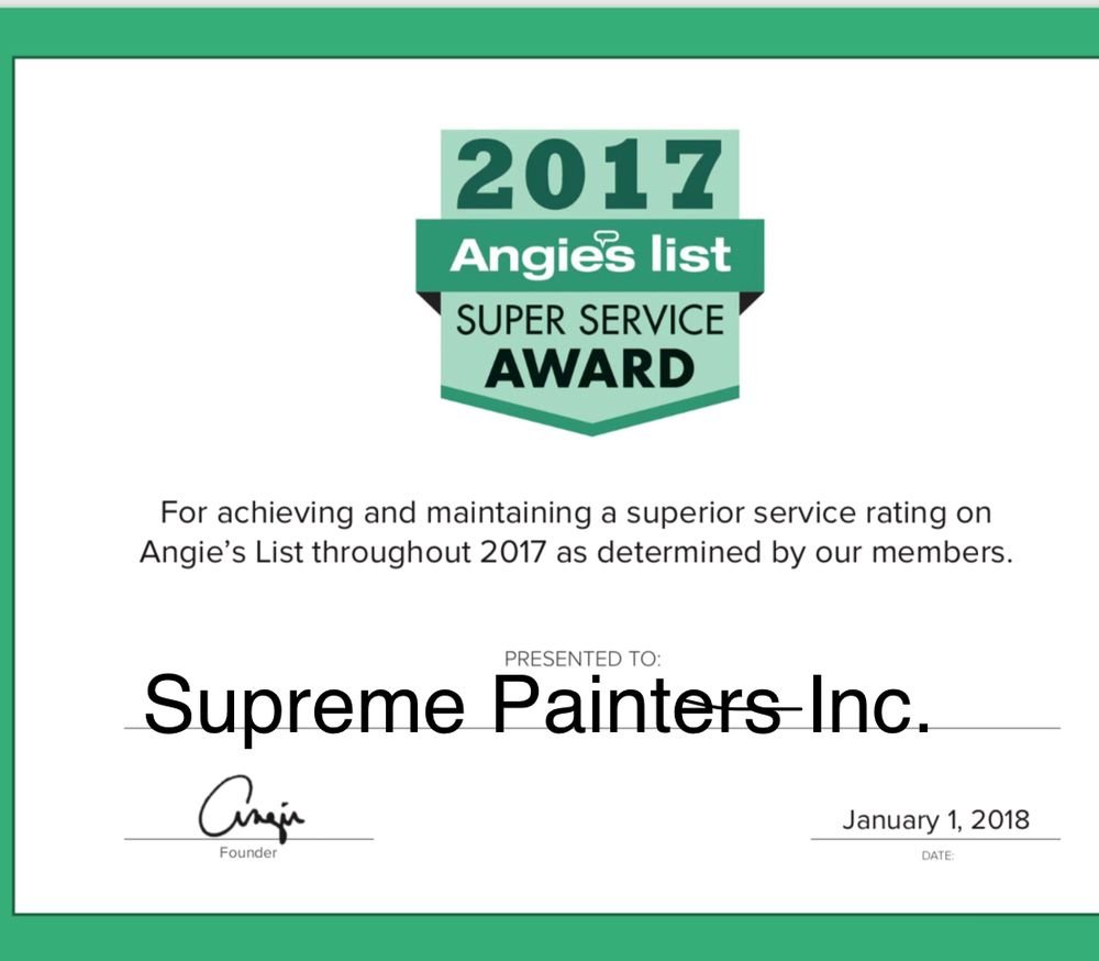 Angie's List Super Service Award certificate for Supreme Painters