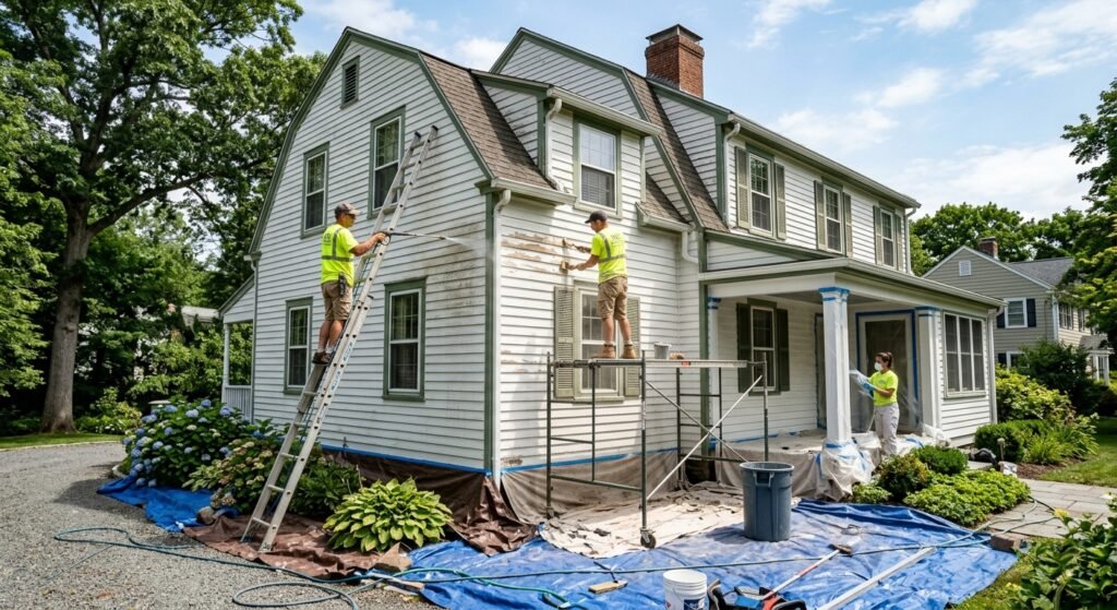 Exterior painting crew preparing a New England home by washing, scraping, and protecting the siding before painting.