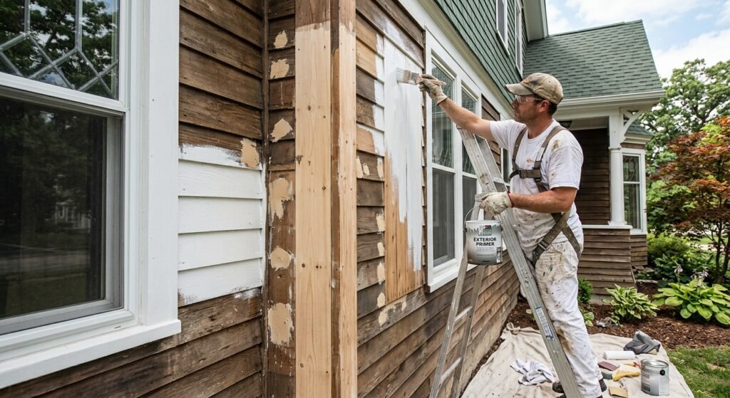 Painter applying primer to repaired and exposed wood siding before the exterior paint coat