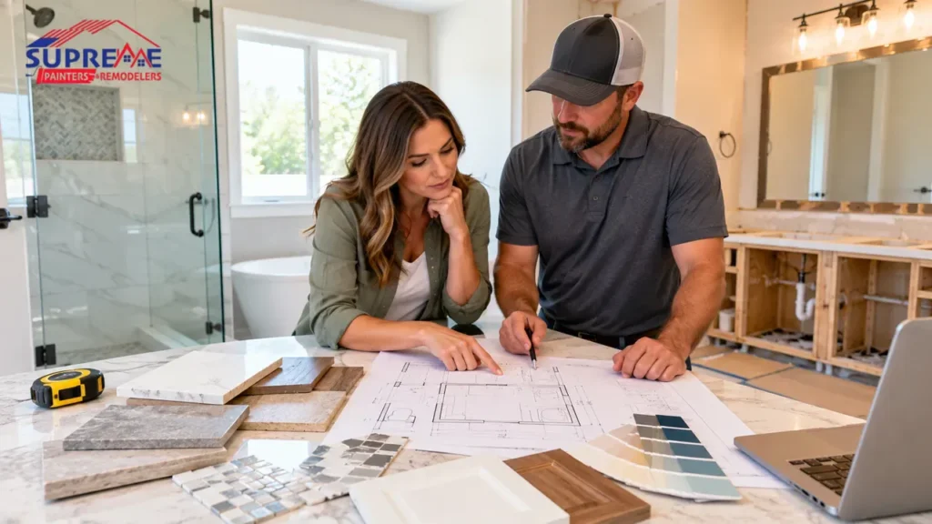 Homeowner reviewing bathroom renovation plans and tile samples with a contractor before a remodel in Abington, MA