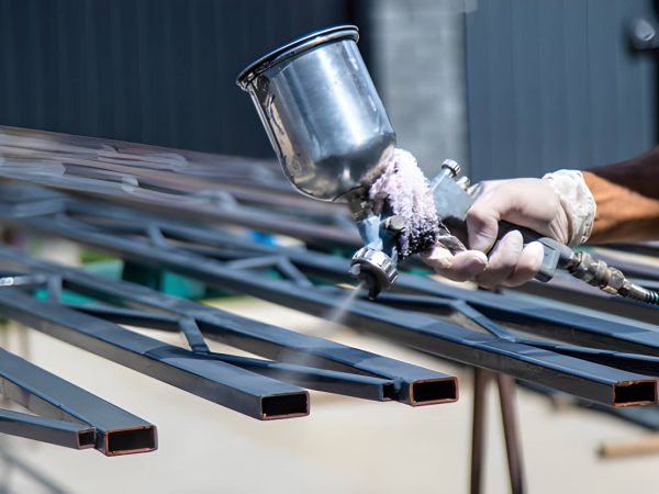 A man spray paints metal. Selective focus. work.