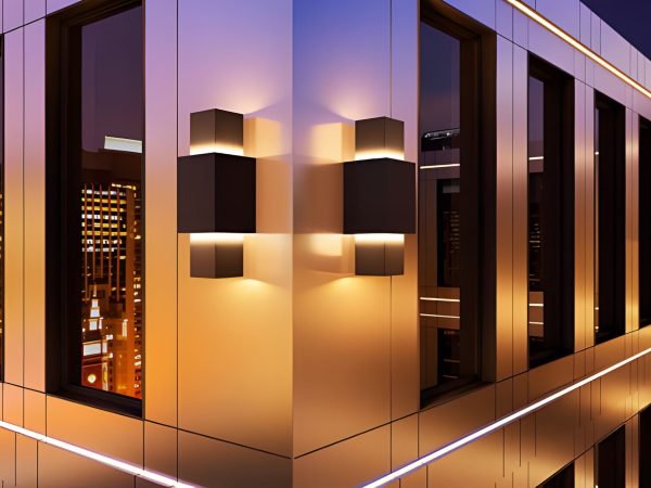 Contemporary building facade with glowing wall lights and large glass windows, modern graphic style, night city background, urban architecture concept. 3D Rendering