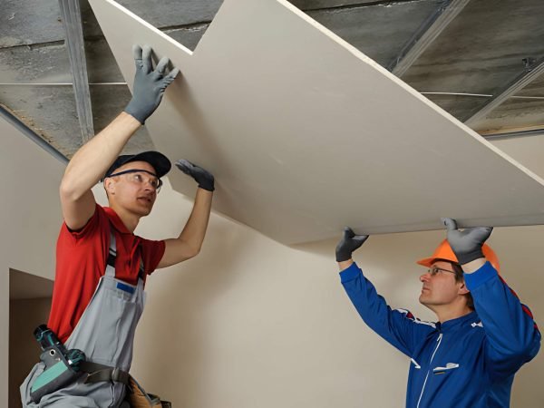 Drywall Installers. Men holding a gypsum board figured cut