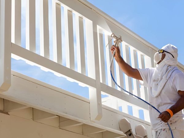 House Painter Wearing Facial Protection Spray Painting A Deck of A Home.