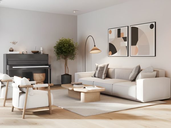 Interior of a modern living room with sofa sets and wall paintings. 3D rendering of a cozy living room.