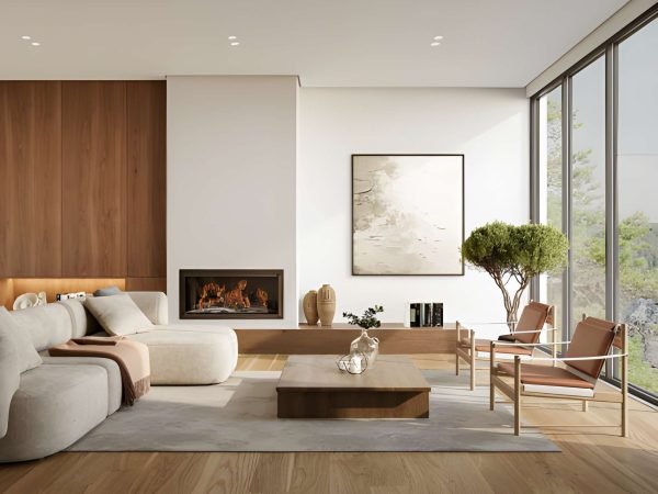 Minimalist living room interior with modern fireplace and white walls. Interior mockup