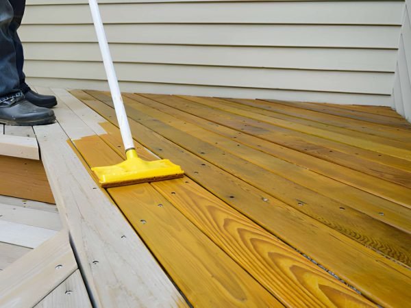 Painter using sponge applicator to apply stain to deck.