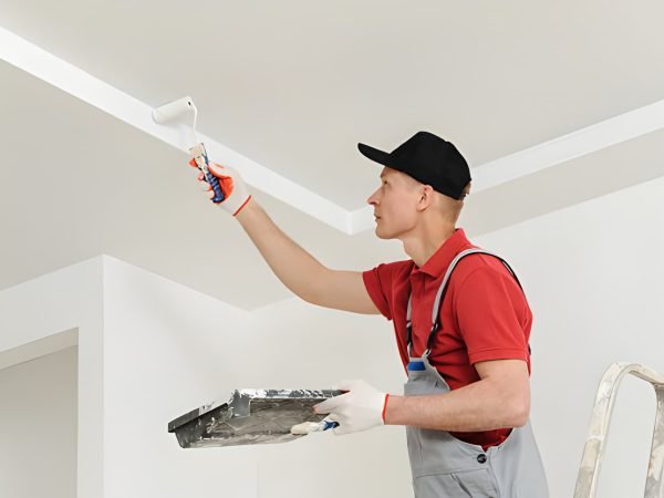 Painting the ceiling and walls. Painter uses paints roller.