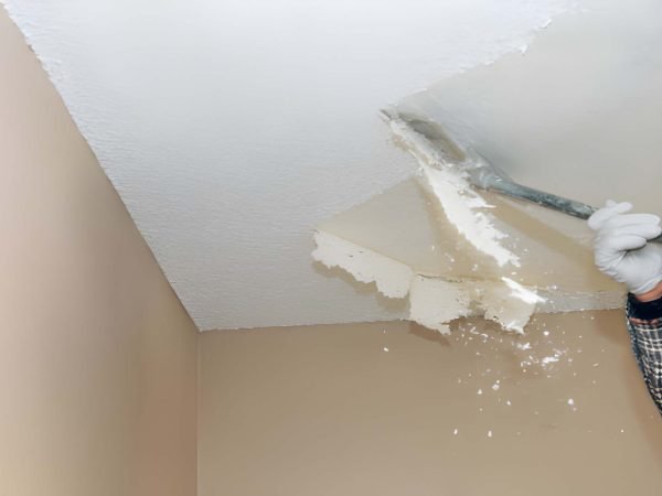Removal old dirty popcorn ceiling wall interiors home remodeling