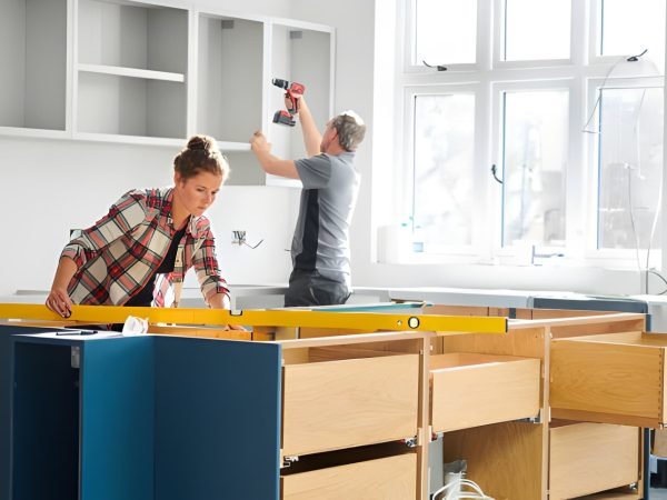a female kitchen fitting cupboards for worktop